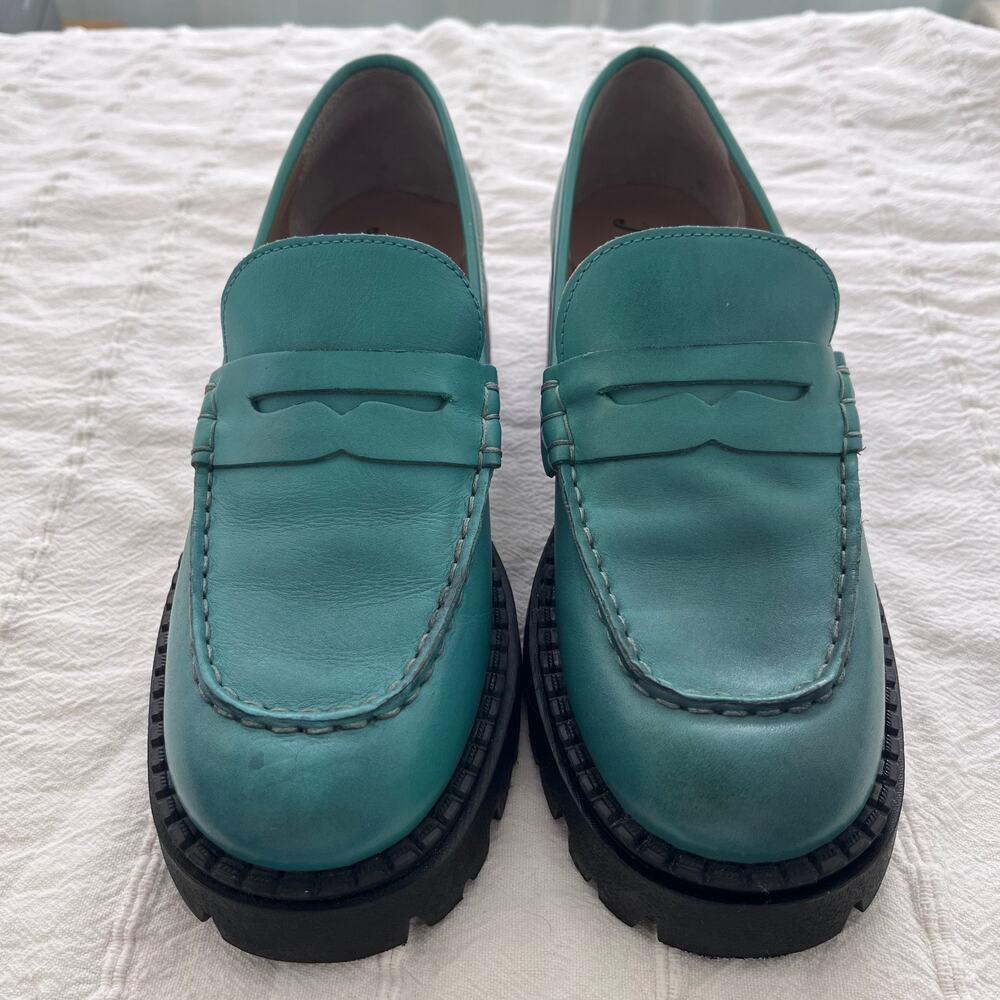 Free People Lyra Teal Leather Chunky Lug Sole Loafers EU 38 NWOB